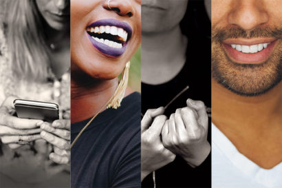 A composite photo of four images—hands using phone, woman smiling, sign language and man smiling