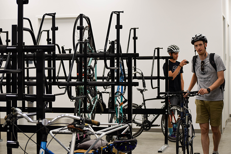 Bike racks inside the new building.