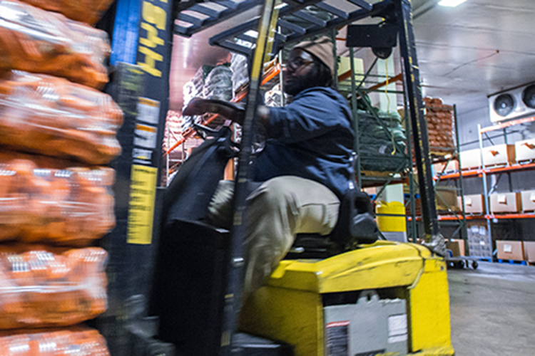 forklift driver lifting huge bage of oranges in warehouse