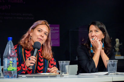 Antikoni director and graduate student Jennif(f)er Tamayo and associate professor and playwright Beth Piatote speak on a panel