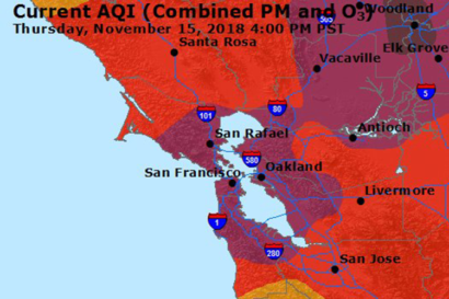 EPA map of air quality in the Bay Area as of 4 p.m. Thursday