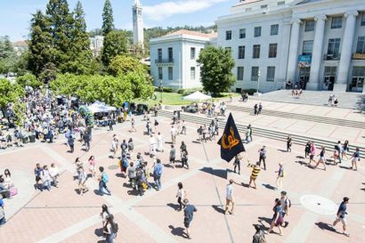 A photo of people on Sproul plaza