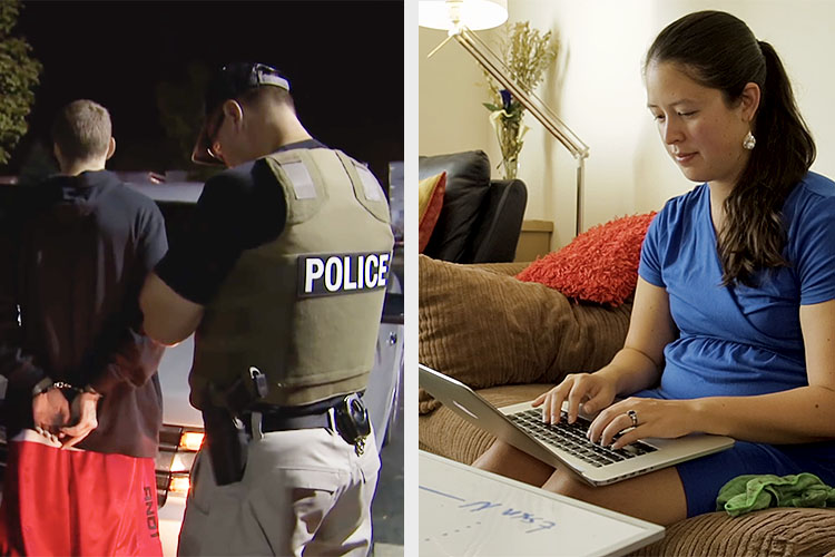 Man being arrested, and Rebecca Sorla Portnoff at a computer