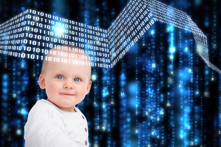 a baby in front of binary code