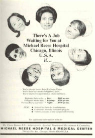 an ad with floating nurse heads and the words: