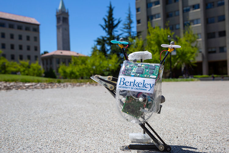 A small, one-legged robot sits on the ground on the UC Berkeley campus with the campanile in the background