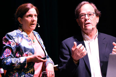 A composite image of Kira Stoll and David Wooley speaking to an audience