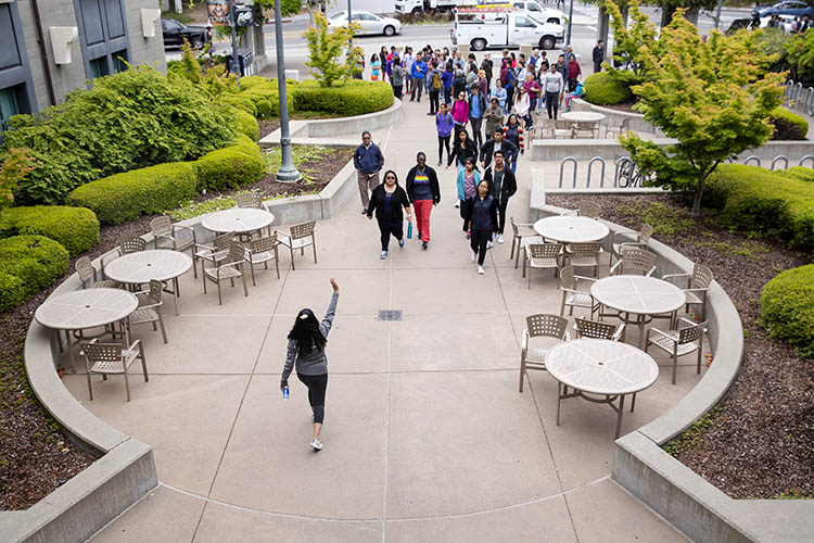 a group walks through campus