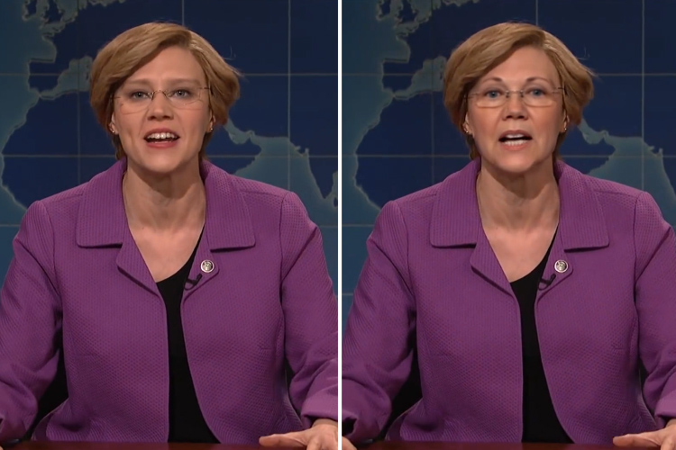 A photo of Saturday night live star Kate McKinnon side by side with a photo in which McKinnon's face has been swapped with Warren's