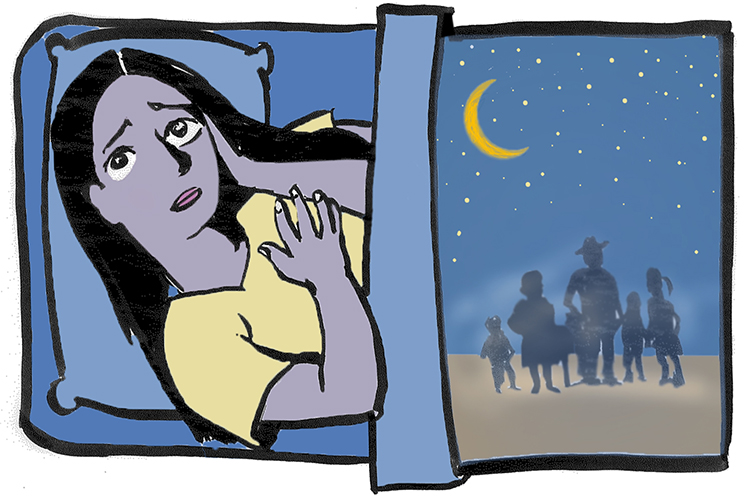 An illustration of a teenager sleepless in bed, next to an image of a family