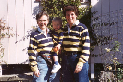 Esther, Martha and Jimmy at age 2 all wearing matching striped shirts