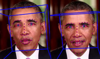 Two photos of President Obama are side-by-side. They have blue boxes and red dots over his face.
