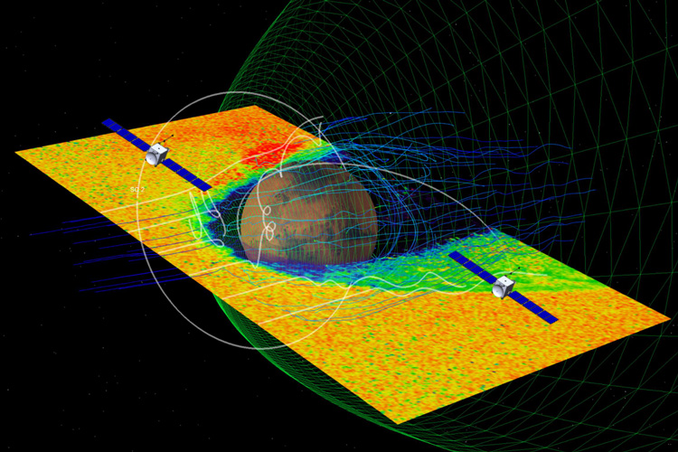 a graphic of EscaPADE satellites orbiting Mars, showing waves emitting from the satellite around the spherical planet 