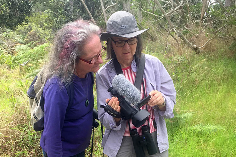 two people look at a video camera