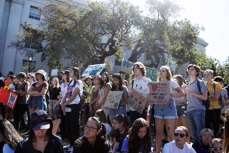 group of people at climate strike holding signs and listening to speaker