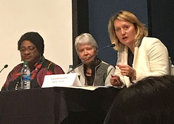 Assembly Member Buffy Wicks (front), with UC Berkeley Chancellor Carol Christ and Assembly Member Shirley Weber at hearing on campus climate. 