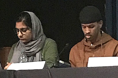 UC Berkeley students Sadia Khan (left) and Ahmad Mahmoud testify at a legislative hearing on the climate at California college campuses.