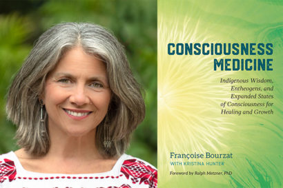 Portrait of Francoise Bourzat next to her book cover