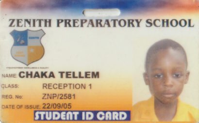 student ID card with a photo of 4-year-old Chaka Tellem