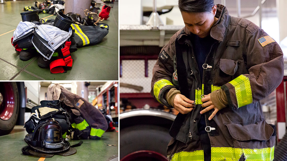 A triptych with three photos. In the upper left, a photo of firefighting boots and pants. Below that, a helmet on the floor. On the right, a photo of firefighter Maiko Bristow putting on a firefighting jacket.
