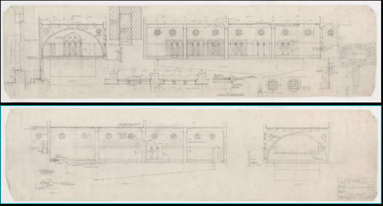 Hand-sketched blueprints of Morgan's Berkeley Women's City Club design.
