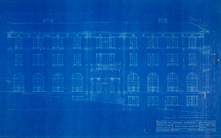 Sketch of building on blue paper.