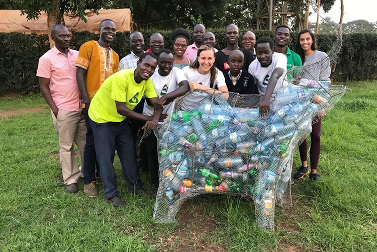 A collection bin for plastic recyclables — it's in the shape of an elephant (the cultural symbol of the Acoli people in Gulu) — helps launch Takataka Plastics pilot collection center