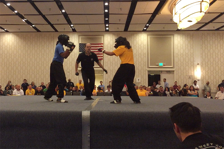 Micaela Camozzi and another Kung Fu fighter engage in a battle on a stage