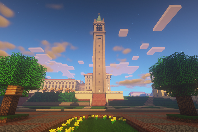 The Campanile and esplanade, designed with Minecraft for Blockeley University.