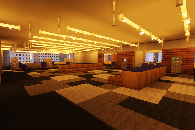 An interior look at Moffitt Library, designed with Minecraft for Blockeley University.