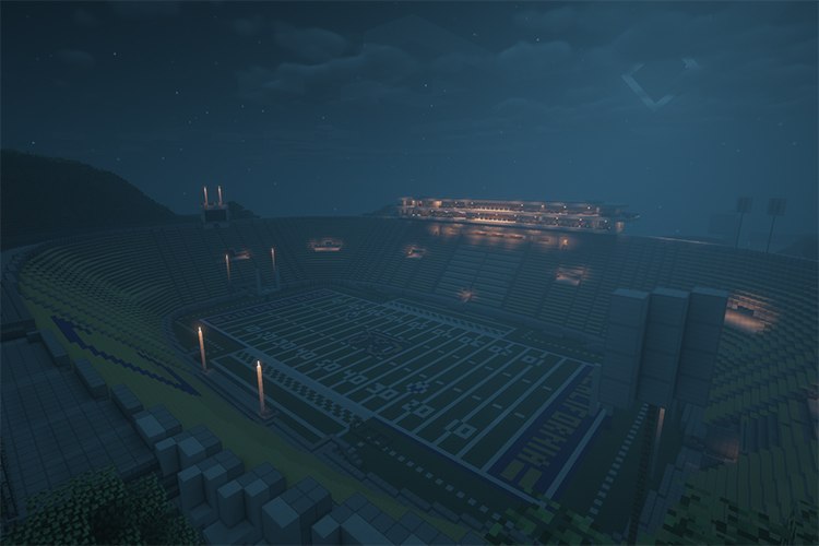 California Memorial Stadium at night, designed with Minecraft for Blockeley University.