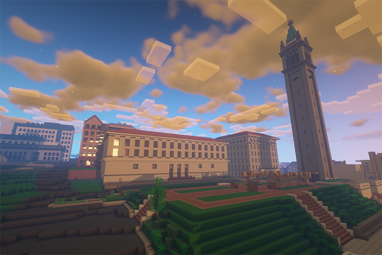 The Campanile and esplanade, with LeConte and BIrge halls nearby, as designed with Minecraft for Blockeley University.