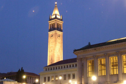 The campanile and doe library at dusk