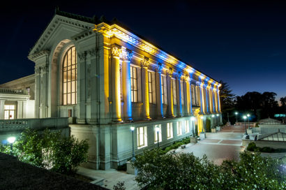 Blue and gold lights lights on doe library
