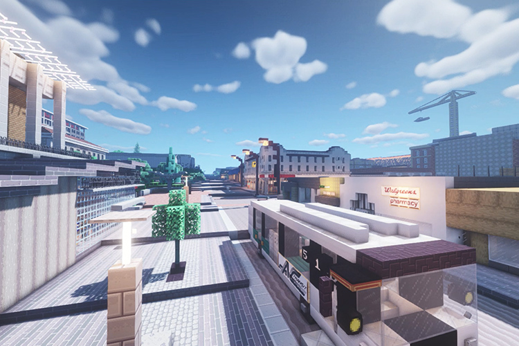 A simulated Bancroft Way, near Bancroft and Telegraph Avenue, built using Minecraft