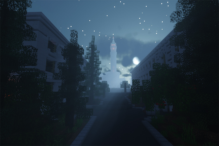 A simulated Nighttime view of Campanile Way, built using Minecraft