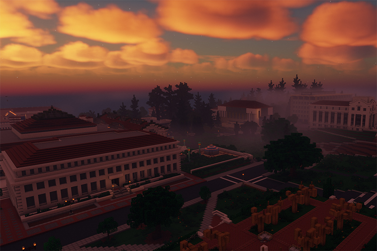 A simulated sunset over the Bancroft Library, built using Minecraft