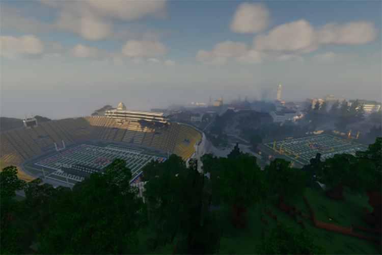 A simulated distant view of California Memorial Hall and Maxwell Family Field, built using Minecraft