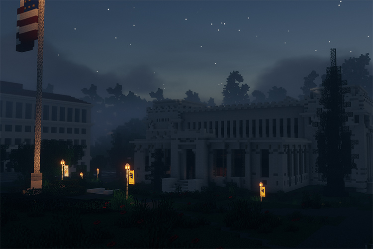 A simulated Valley Life Sciences Building at night, , built using Minecraft