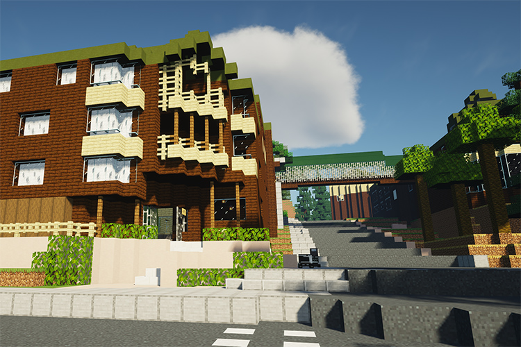 A simulated Foothill residence hall, built using Minecraft