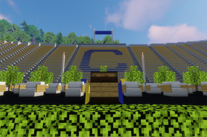 The simulated graduation stage in Memorial Stadium, built using Minecraft