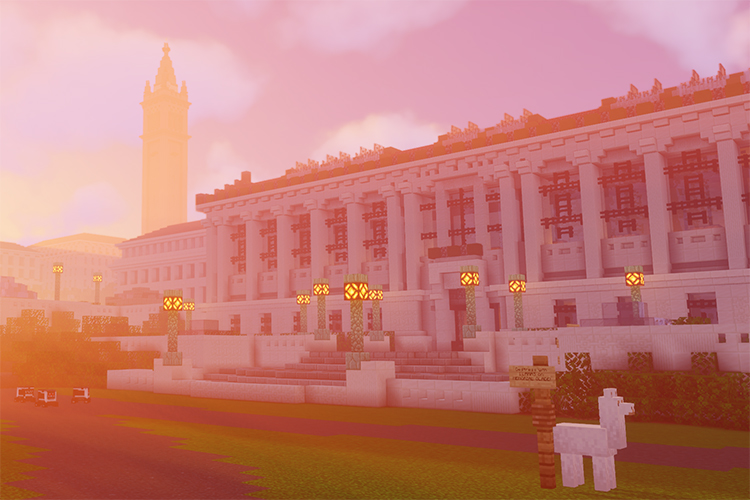 Simulated llama and Kiwibots on Memorial Glade, built using Minecraft