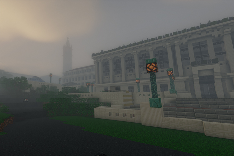 The simulated view of the north side of Doe Library, built using Minecraft