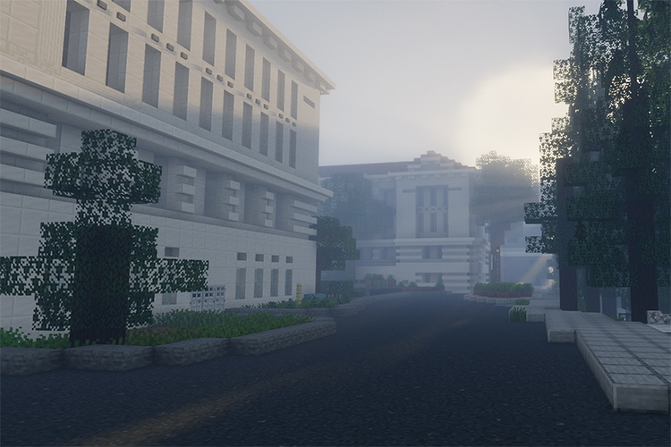 A simulated view walking east of the Campanile, built using Minecraft