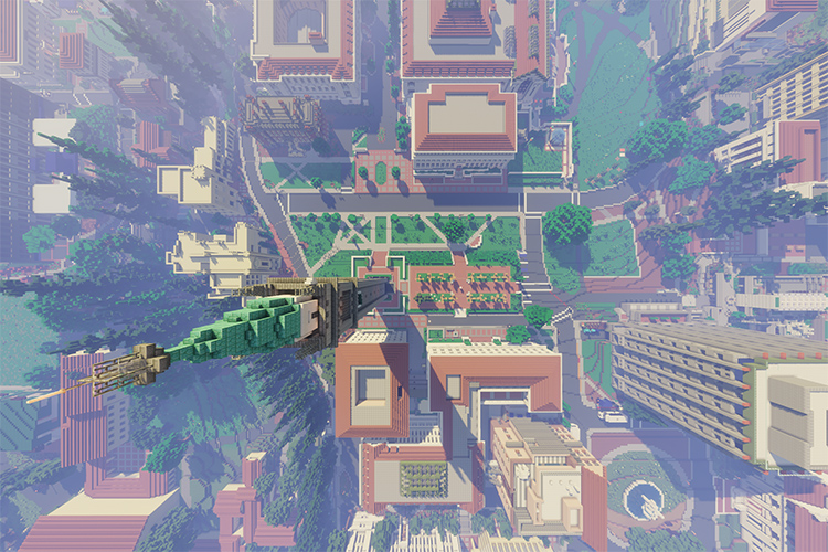 An aerial view of UC Berkeley campus, built using Minecraft