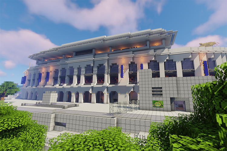 A simulated exterior shot o California Memorial Stadium, built using Minecraft