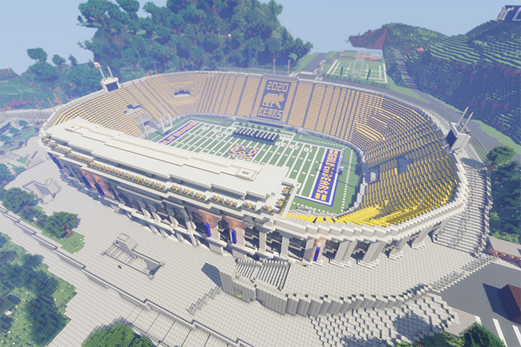 Aerial view of a simulated California Memorial Stadium, built using Minecraft