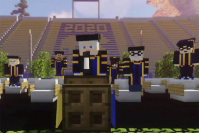 An animated version of Commencement with graduates and an avatar of Carol Christ on stage