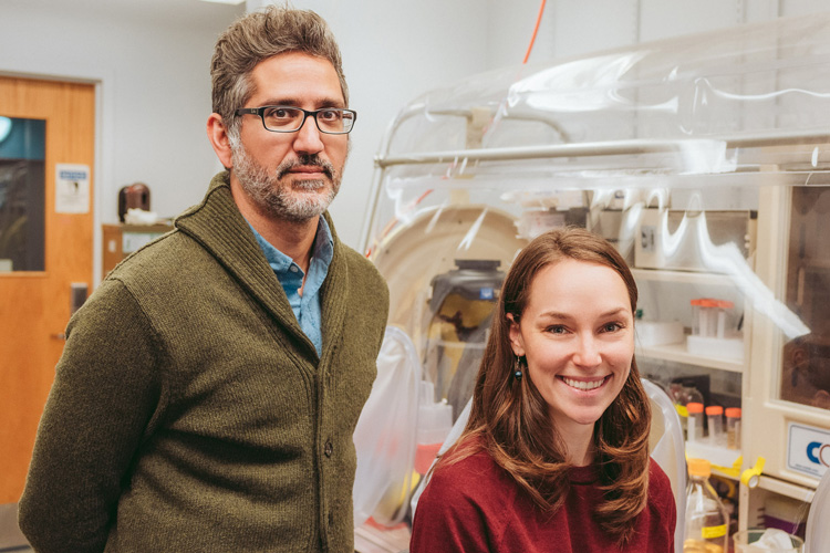 Arash Komelli and Carly Grant in their lab