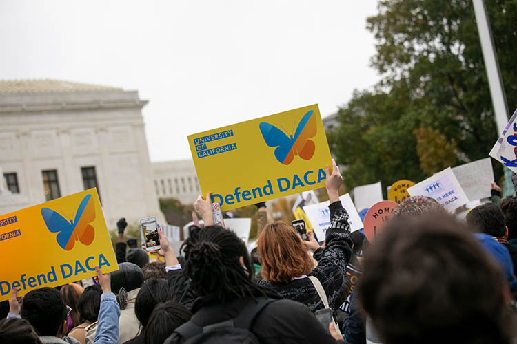 a crowd holds up "defend DACA" signs with the UC logo in front of the supreme court building